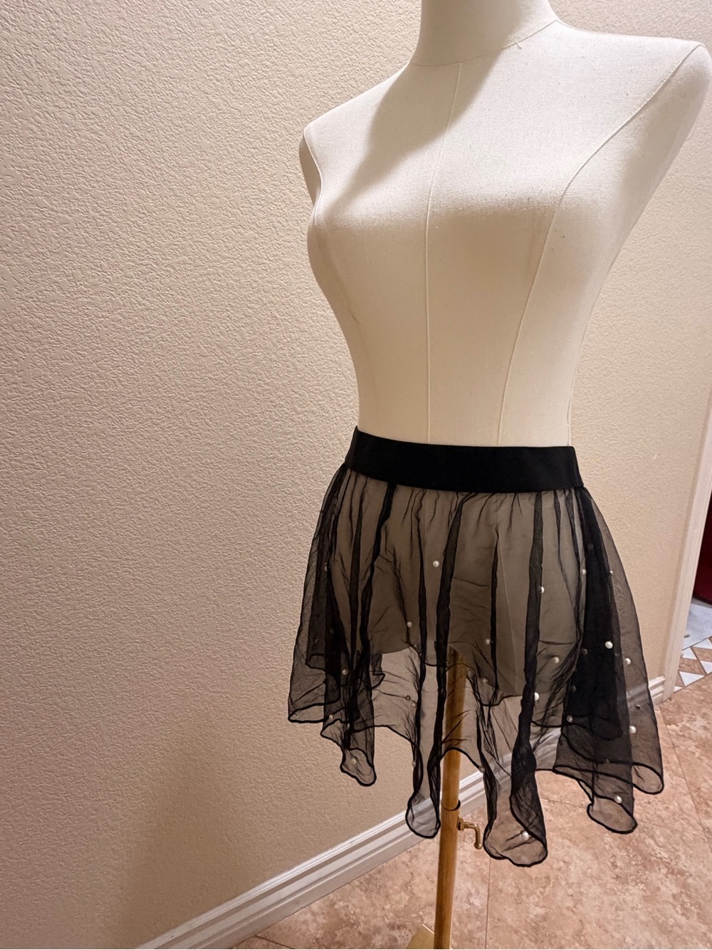 Sheer Black Pearl-Accent Asymmetrical Mini Skirt